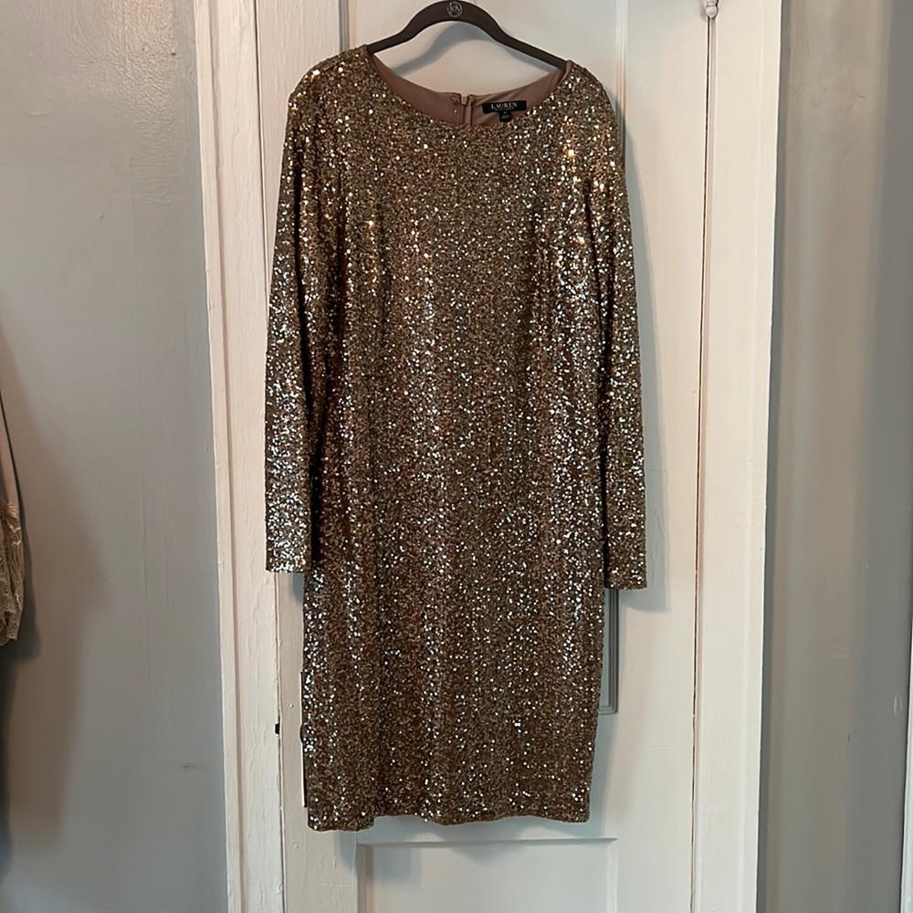 LAUREN Ralph Lauren long Sleeve gold sequin bodycon dress